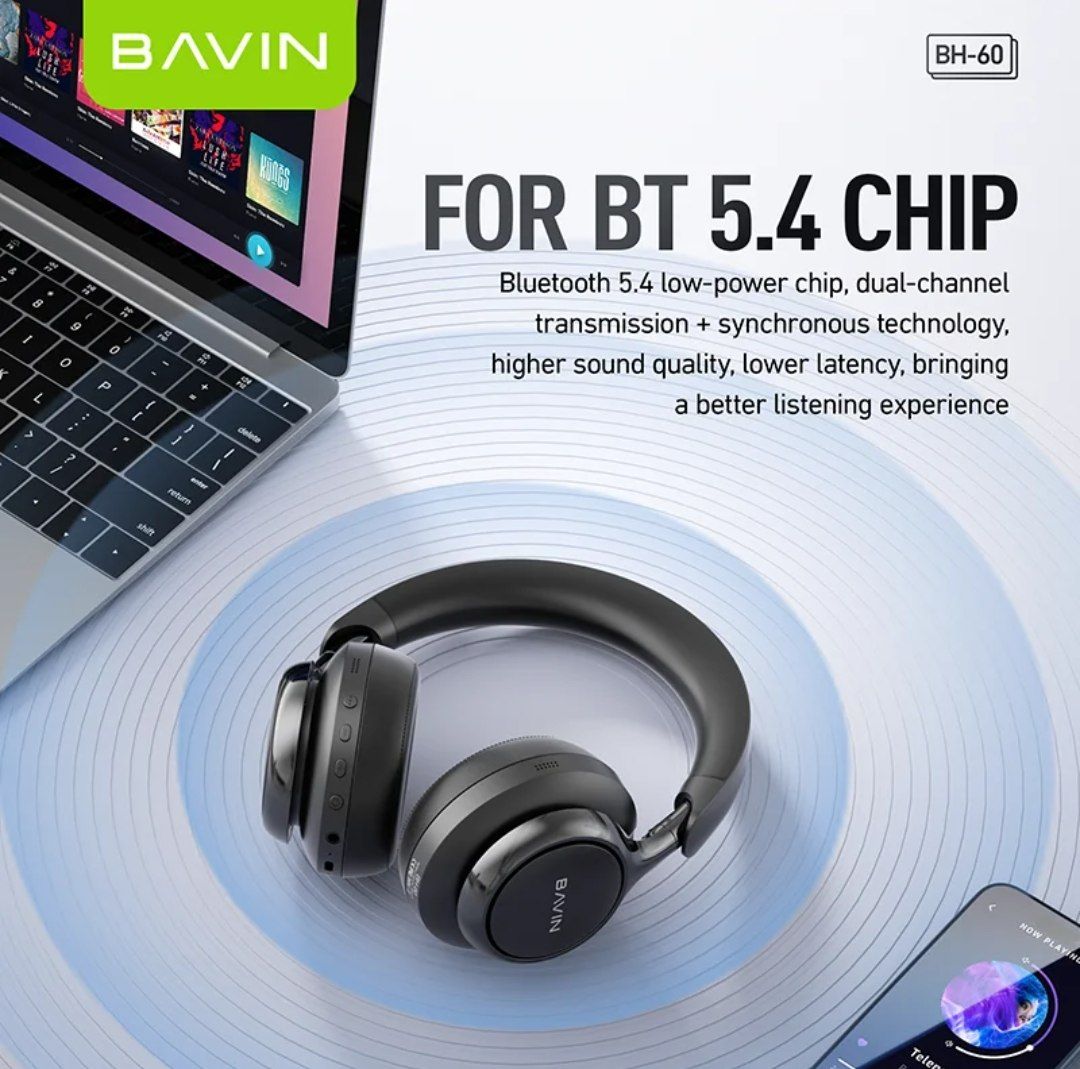 ‎Premium BAVIN BH66 Fold-Flat HiFi Gaming Headset featuring spatial sound, Bluetooth 5.4, and wireless over-ear comfort.