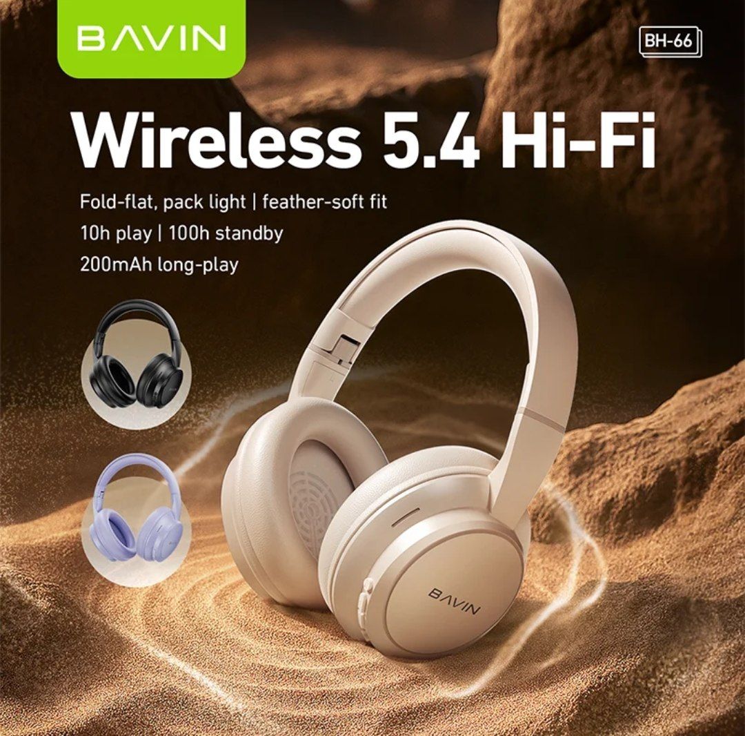 ‎Premium BAVIN BH66 Fold-Flat HiFi Gaming Headset featuring spatial sound, Bluetooth 5.4, and wireless over-ear comfort.